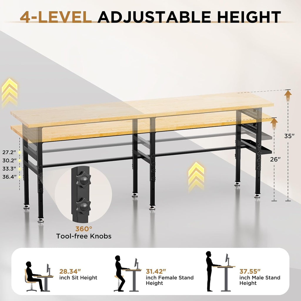 96" Adjustable Workbench with Side Pegboard, 2000lbs Heavy Duty Solid Wood Top Garage Work Table with Power Outlet