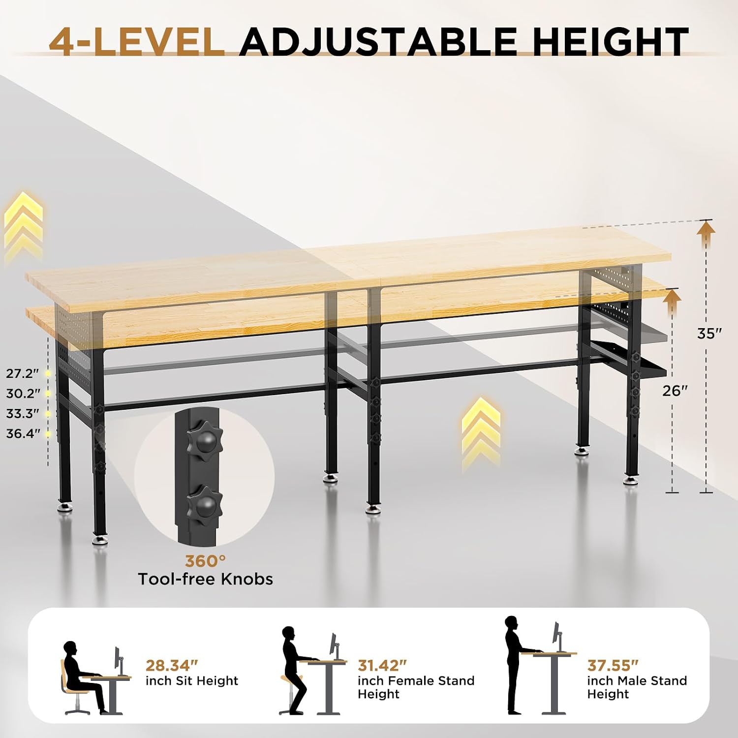 96" Adjustable Workbench with Side Pegboard, 2000lbs Heavy Duty Solid Wood Top Garage Work Table with Power Outlet