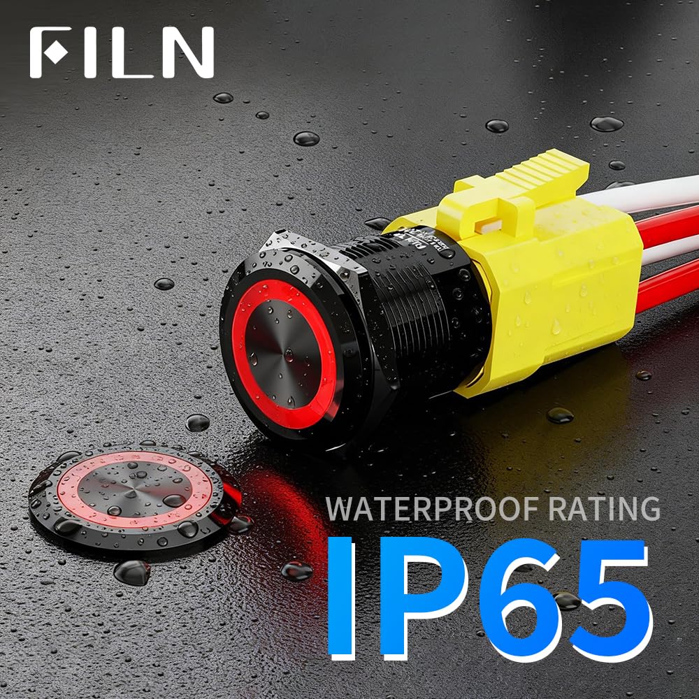 FILN 2PCS 22mm 20A Latching Push Button Switch 12-24V DC with Harness