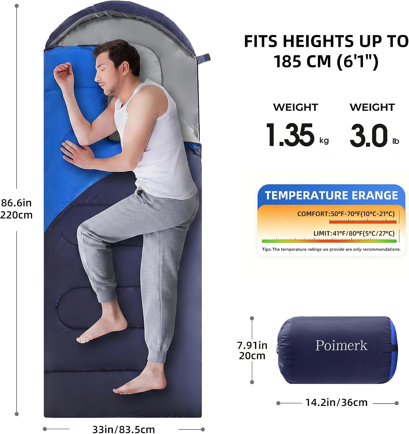 Lightweight Compact Sleeping Bag for Adults & Kids Camping Backpacking Warm | 3lb, packs 8"x14". Left-zip pairs with