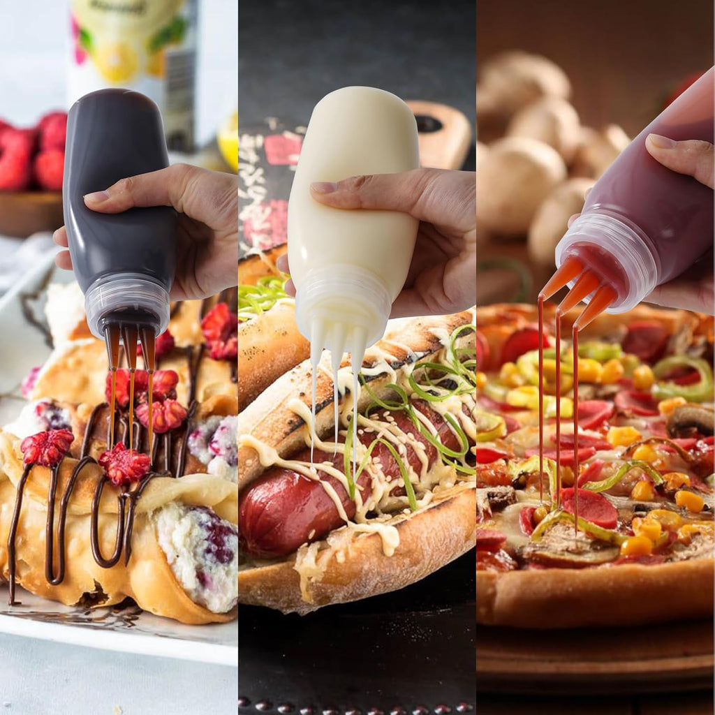 3 Hole Plastic Condiment Squeeze Bottles, 3 Pcs 13oz