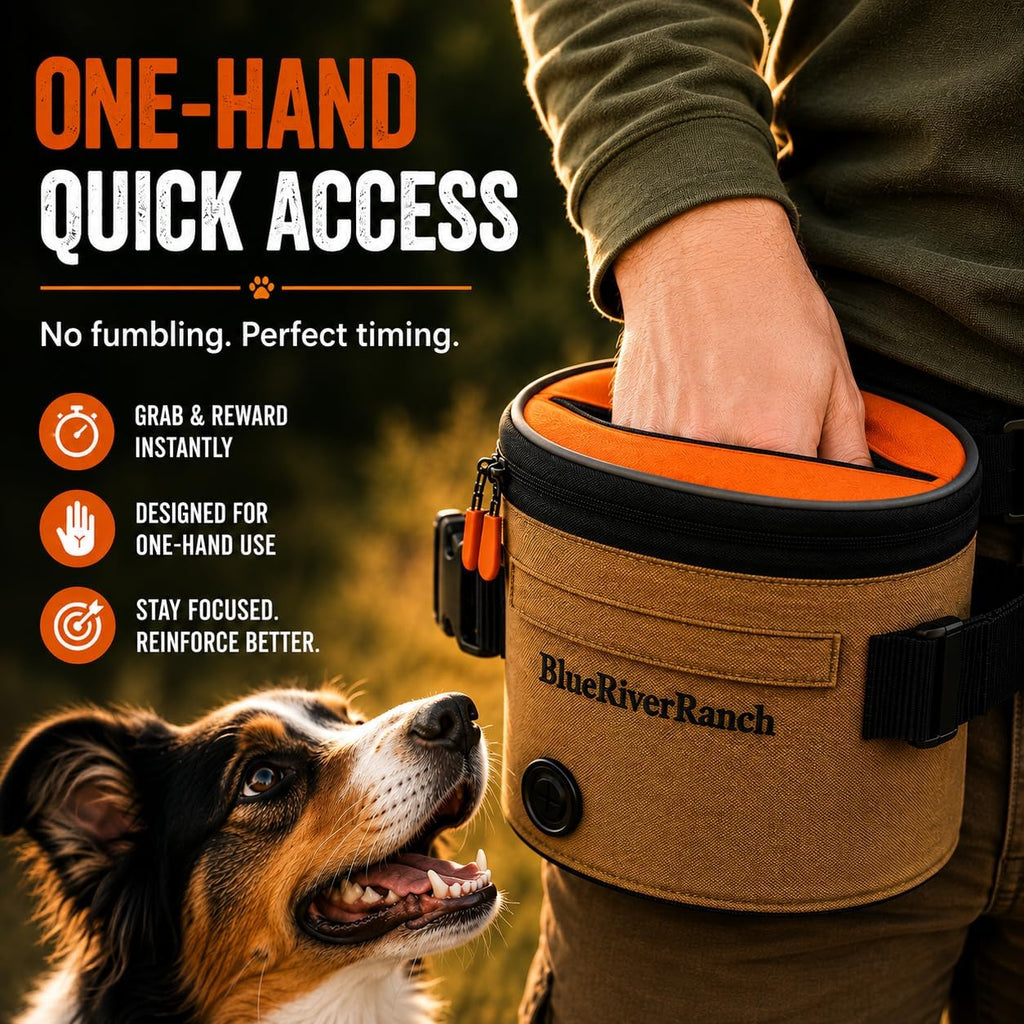 Dog Treat Pouch, Auto-Close One-Hand Access Training Treat Bag with Adjustable Waist Belt, Hands-Free Reward Pouch