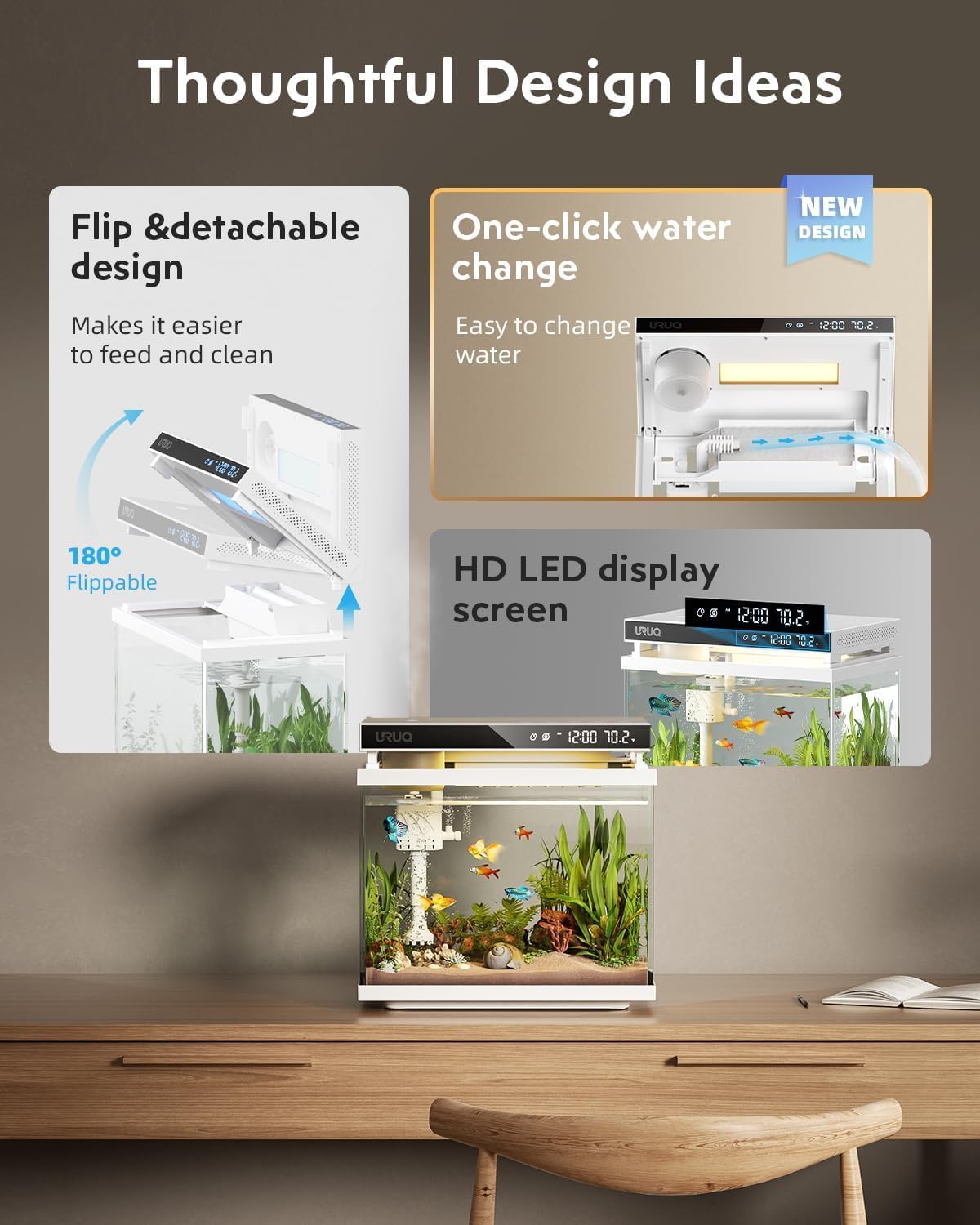 Fish Tank Smart Aquarium Kit 2 Gal UHD Glass Aroma Diffuser - White