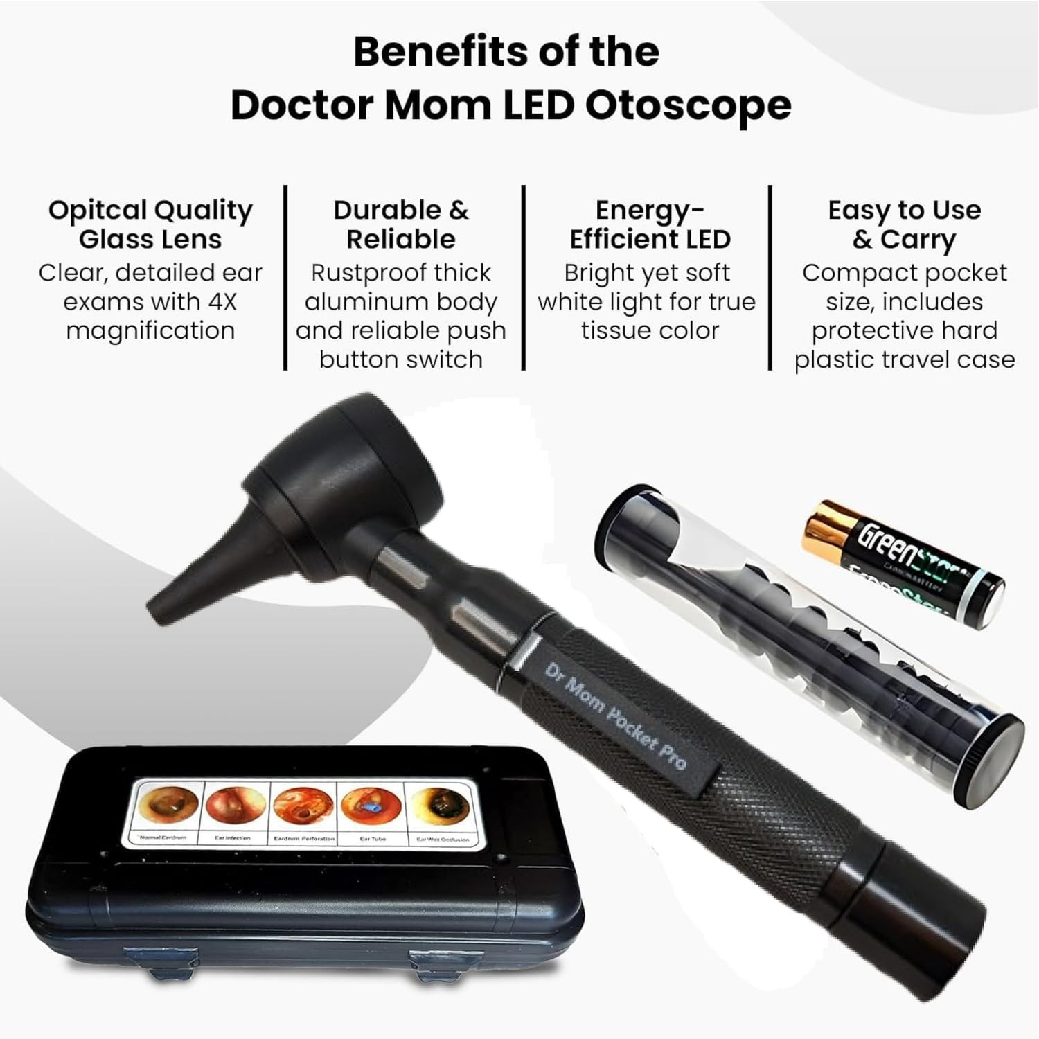 4th Generation Doctor Mom LED Pocket Pro Otoscope with Both Adult and Pediatric Disposable Specula Tips, Battery, and