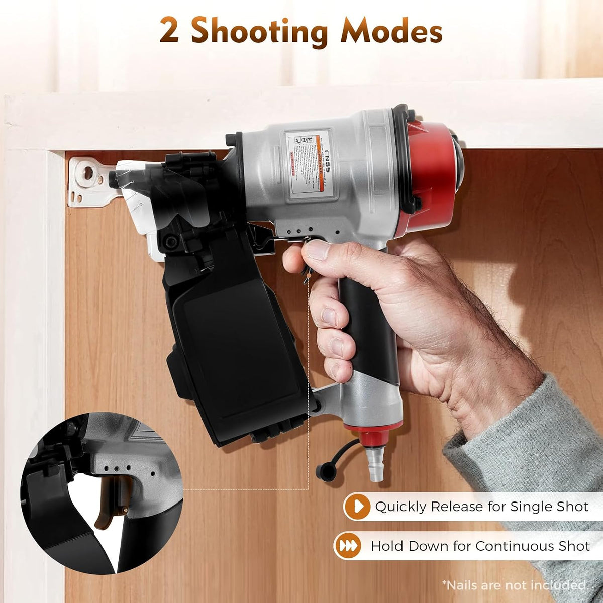 Pneumatic Coil Nailer, CN55 Roofing Siding Nail Gun, 75-120 PSI, 2 Modes