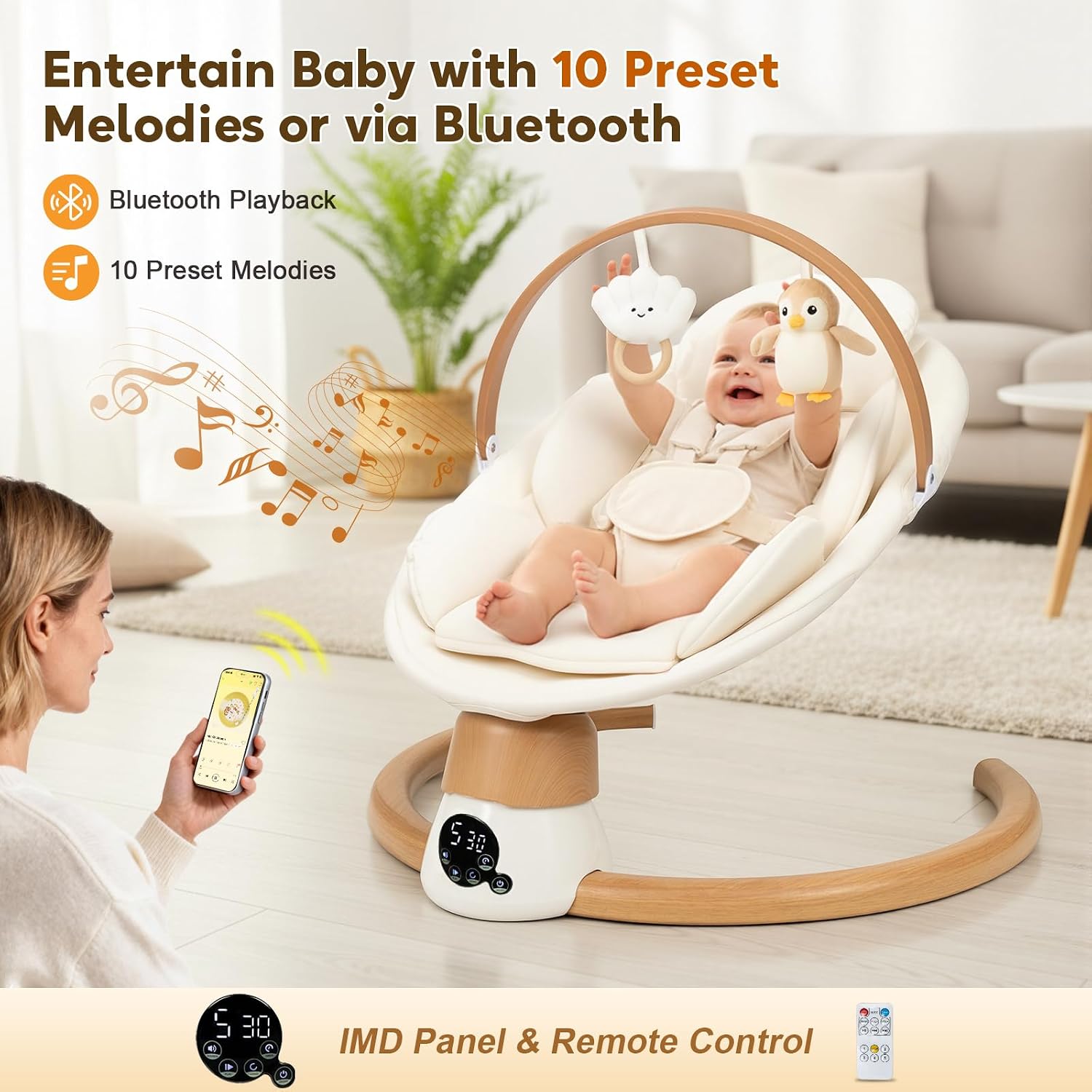 Baby Swings for Infants, Electric Portable Baby Swing | with Bluetooth, 5 Swing Speed, 3 Timer Settings, 10 Melodies