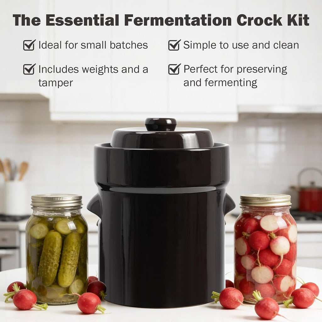 Fermentation Crock Jar 1.3 Gallon for Sauerkraut Pickling Kimchi | 5 Liter, Stoneware Pot, Fermenting, Pickles