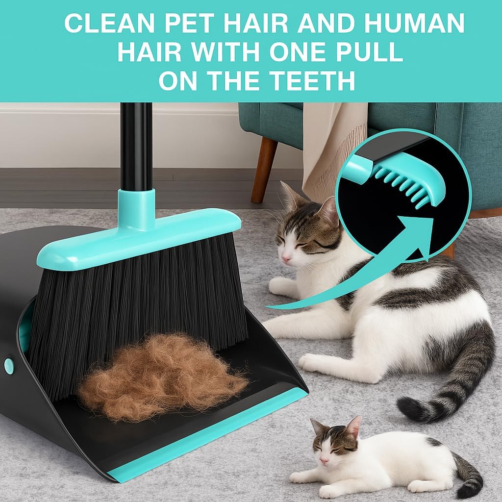 Upgrade Broom and Dustpan Combo Set, Extendable 52" Long Handle Broom for Easy Sweeping, Self-Cleaning Dust pan Teeth