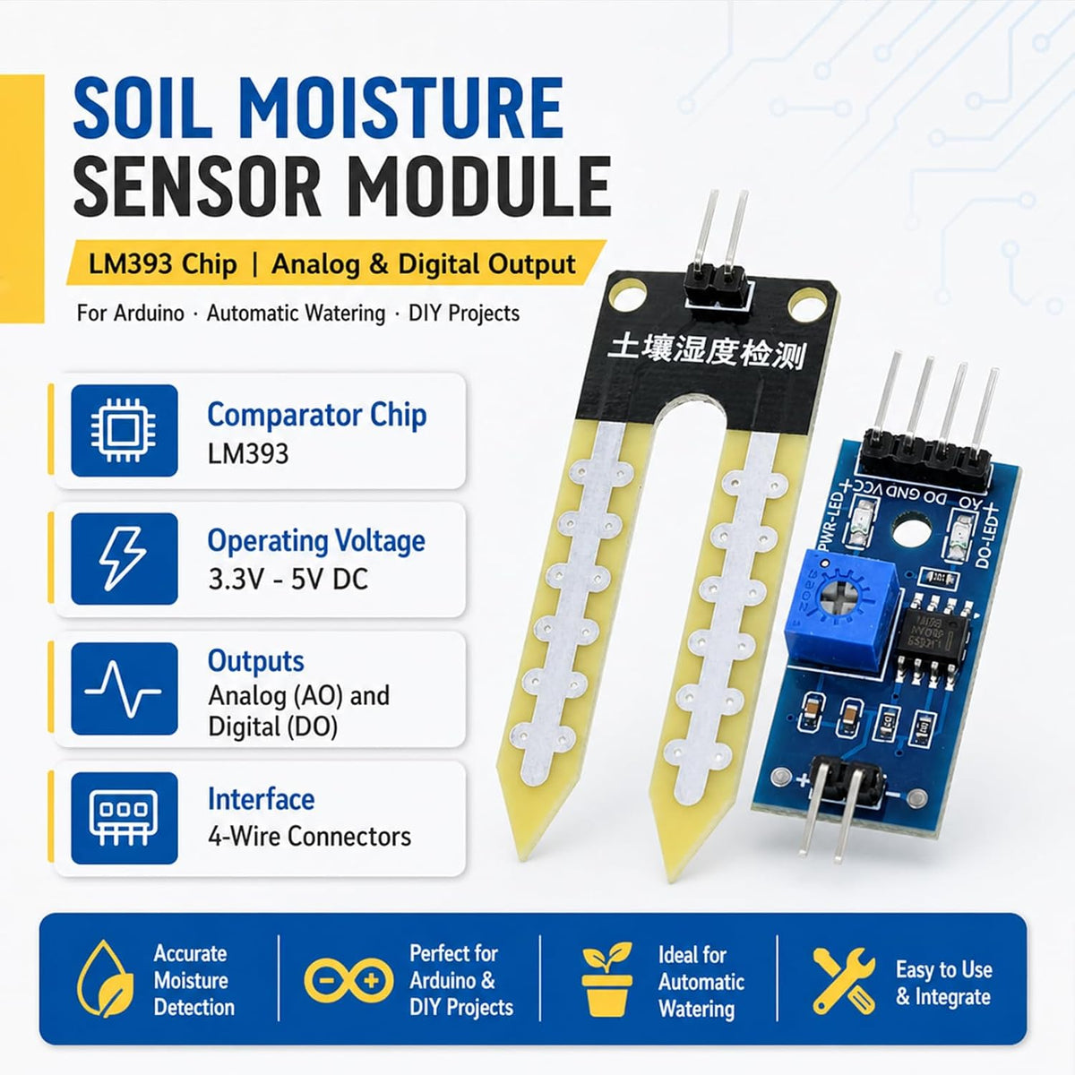 5-Pack Soil Moisture Sensor Module, LM393, Analog Digital