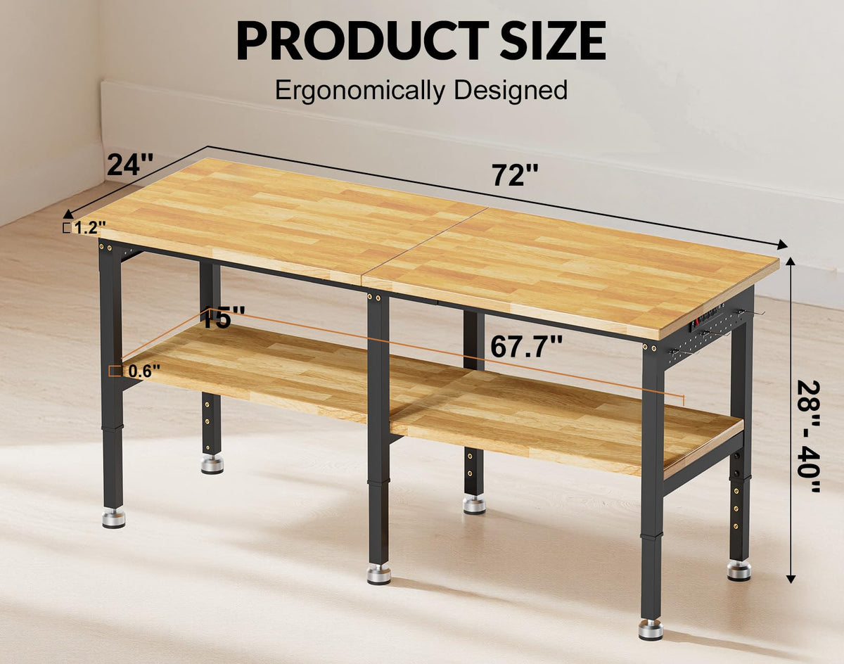 72”Heavy Duty Work Bench, 2-Layer Adjustable Workbench, 5000 LBS Capacity Work Bench with Power Outlet & Pegboard