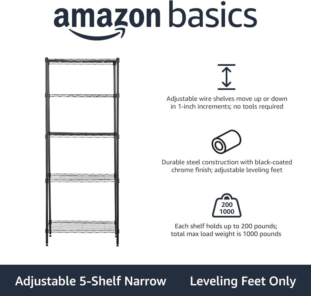 5-Shelf Multipurpose Adjustable Steel Garage Shelving Unit, Storage Rack for Kitchen, 200 lbs Per Shelf, Easy
