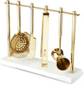 Bar Tool Set Includes Hawthorne Strainer, Citrus Knife, Ice Tongs, Double Jigger with Marble Display Stand for