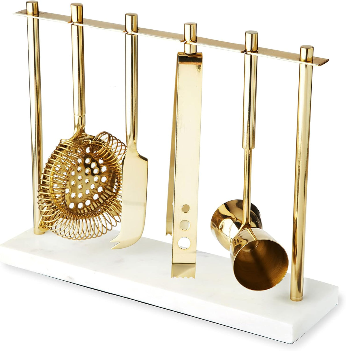 Bar Tool Set Includes Hawthorne Strainer, Citrus Knife, Ice Tongs, Double Jigger with Marble Display Stand for