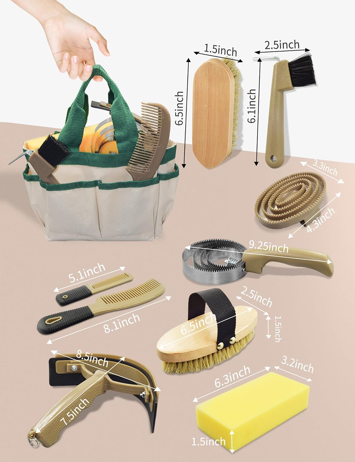 Professional 10 Pieces Horse Grooming Kit with Tote Bag, Horse Brush & Curry Comb Set for Effective Grooming and