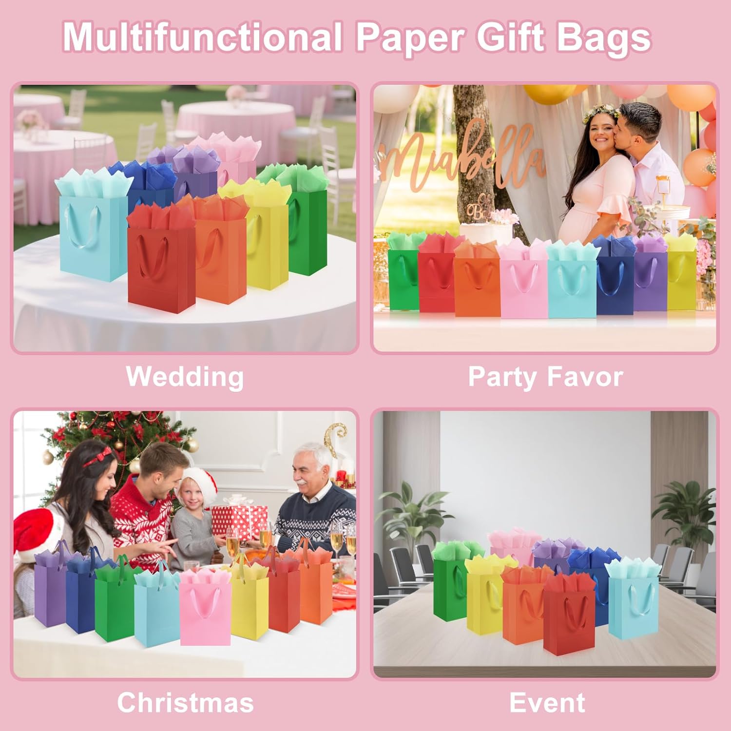 8 Pack Medium Gift Bags With Handles and 16 Tissue Paper, 8" X 5" X 10" Paper Bags Bulk for Birthday Party, Baby
