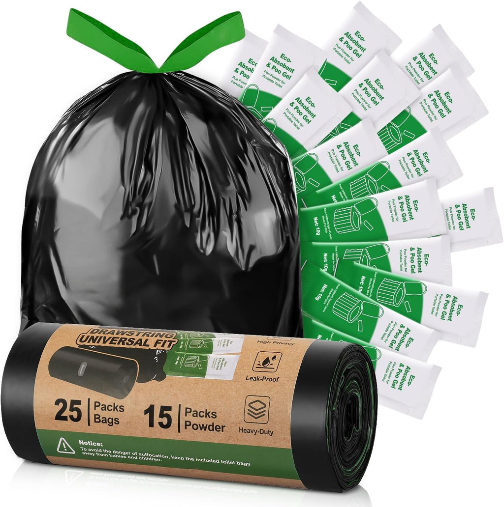 Camping Toilet Bags Poo Gel Set,25 Portable Toilet Bags with 15 Poo Gel Set | 8 Gallon Portable Composting Toilet for