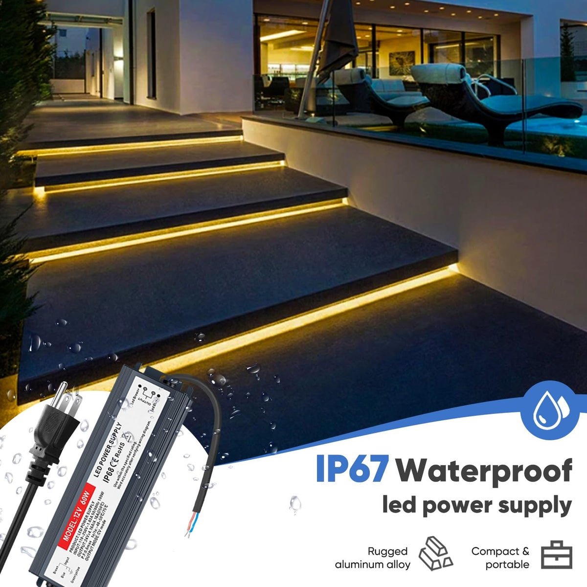60W LED Driver 12V Power Supply 5A, Waterproof IP67 LED Adapter Transformer
