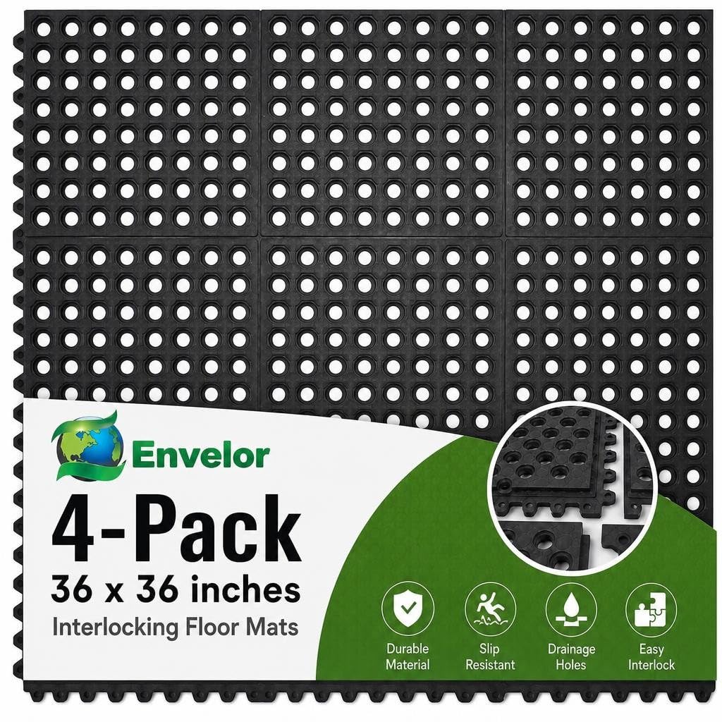 Interlocking Rubber Floor Tiles 4 Pack, Anti Fatigue, 3 x 3 ft