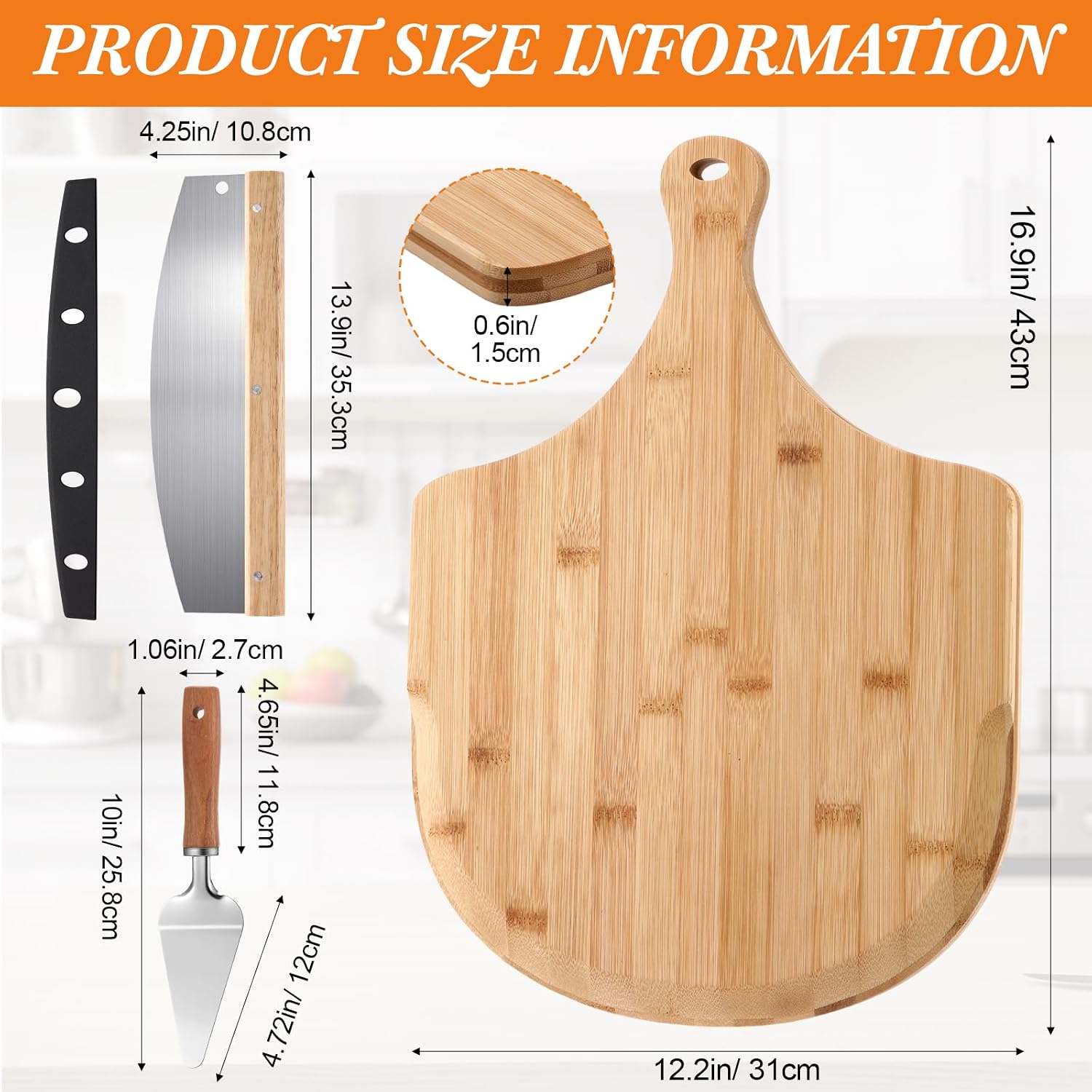 3 Pcs Round Pizza Stone Set, 12" x 17" Bamboo Pizza Peel with Foldable Wooden Handle & Rocker Cutter Addle Cutting