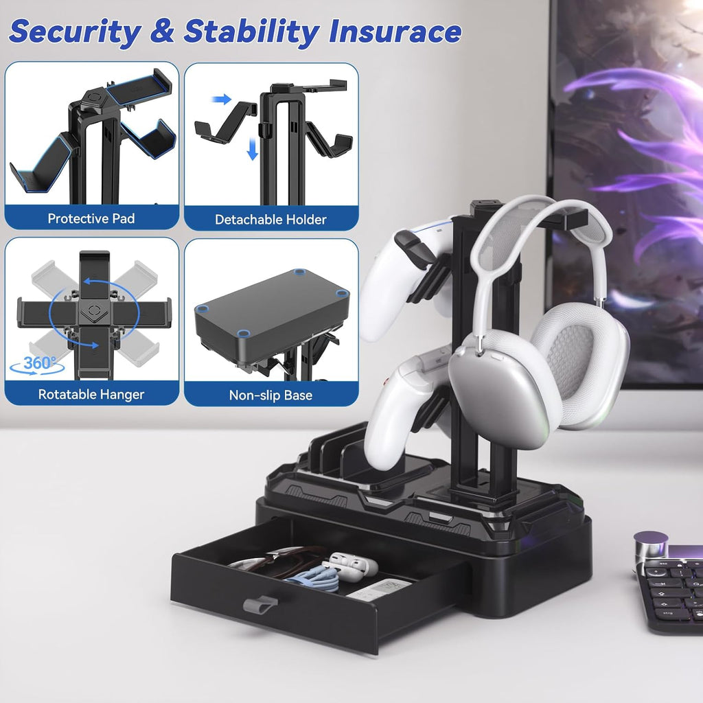Headphone Stand with Drawer - Rotatable Headset & Detachable Controller Holder for Desk - Multifunctional Organizer