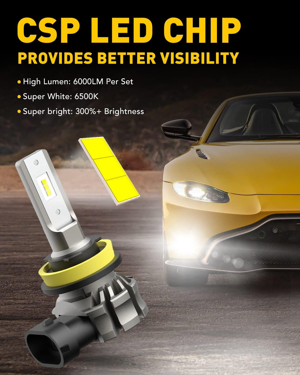 H11/H8/H16 LED Fog Light Bulbs or DRL, 6000 Lumens 6500K Cool White Light, 300% Brightness, CSP LED Chips Fog Lamps