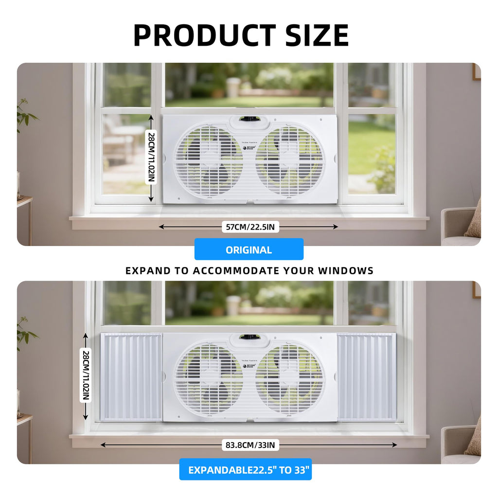 9" Twin Window Fan, 2-Speed Expandable Dual Window Fan Manual Controls