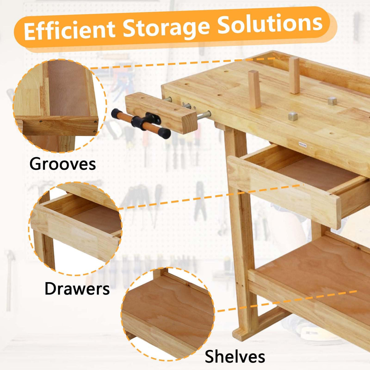 55" Rubber Wood Workbench with Drawer& Shelf, 330 lbs Weight Capacity
