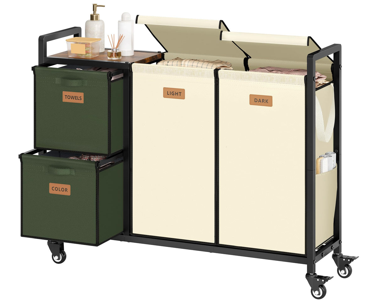 4 Section Laundry Cart, 52.8 Gal. (200L) Laundry Hamper with Lid, Laundry Basket with Wheels, Rolling Laundry Sorter