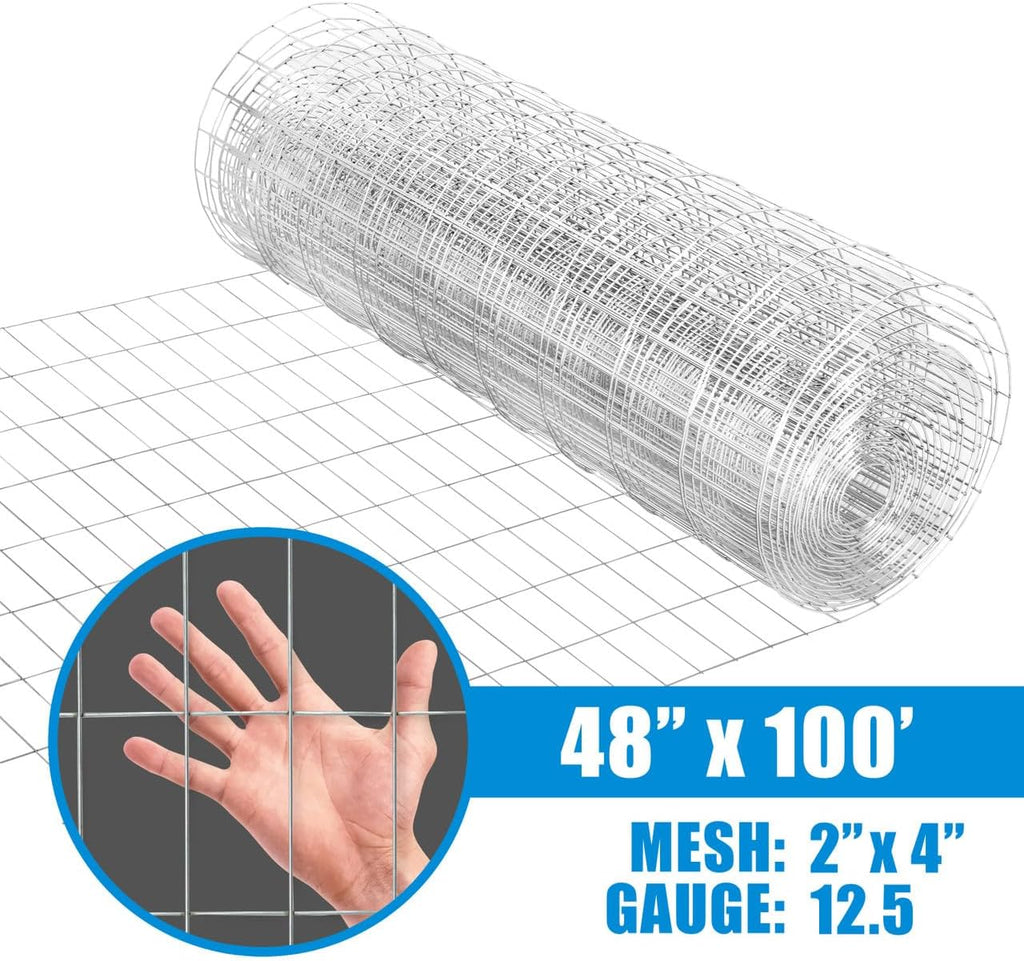 Welded Wire Fence 12.5 Gauge, Galvanized Welded Fence Wire Roll, Mesh Size 2-Inch x 4-Inch, Hog Wire Fencing Cage