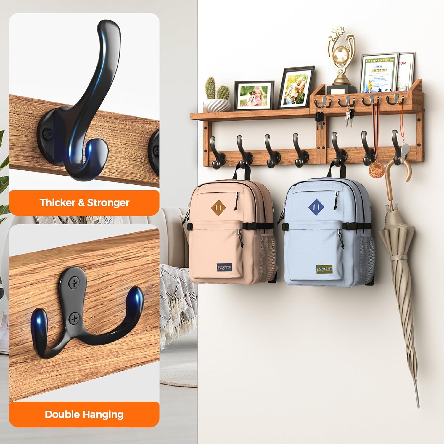 29" Coat Rack Wall Mount with Shelf, 4 in 1 Wall Mounted Coat and Key Hanger with 11 Hooks, Entryway Key Holder with