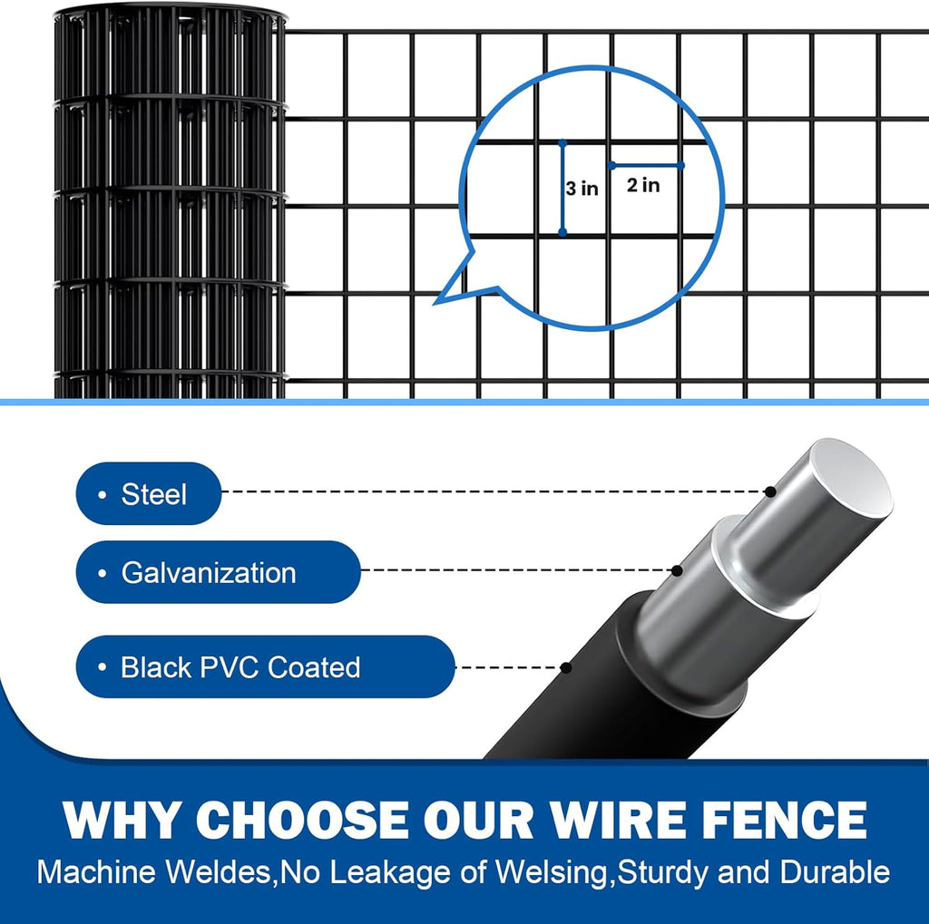 Welded Wire Fence,Black PVC Coated Welded Wire Fence (2×3 Inch Mesh, 36"×50' 16Gauge) Ideal for Garden, Pet Enclosure