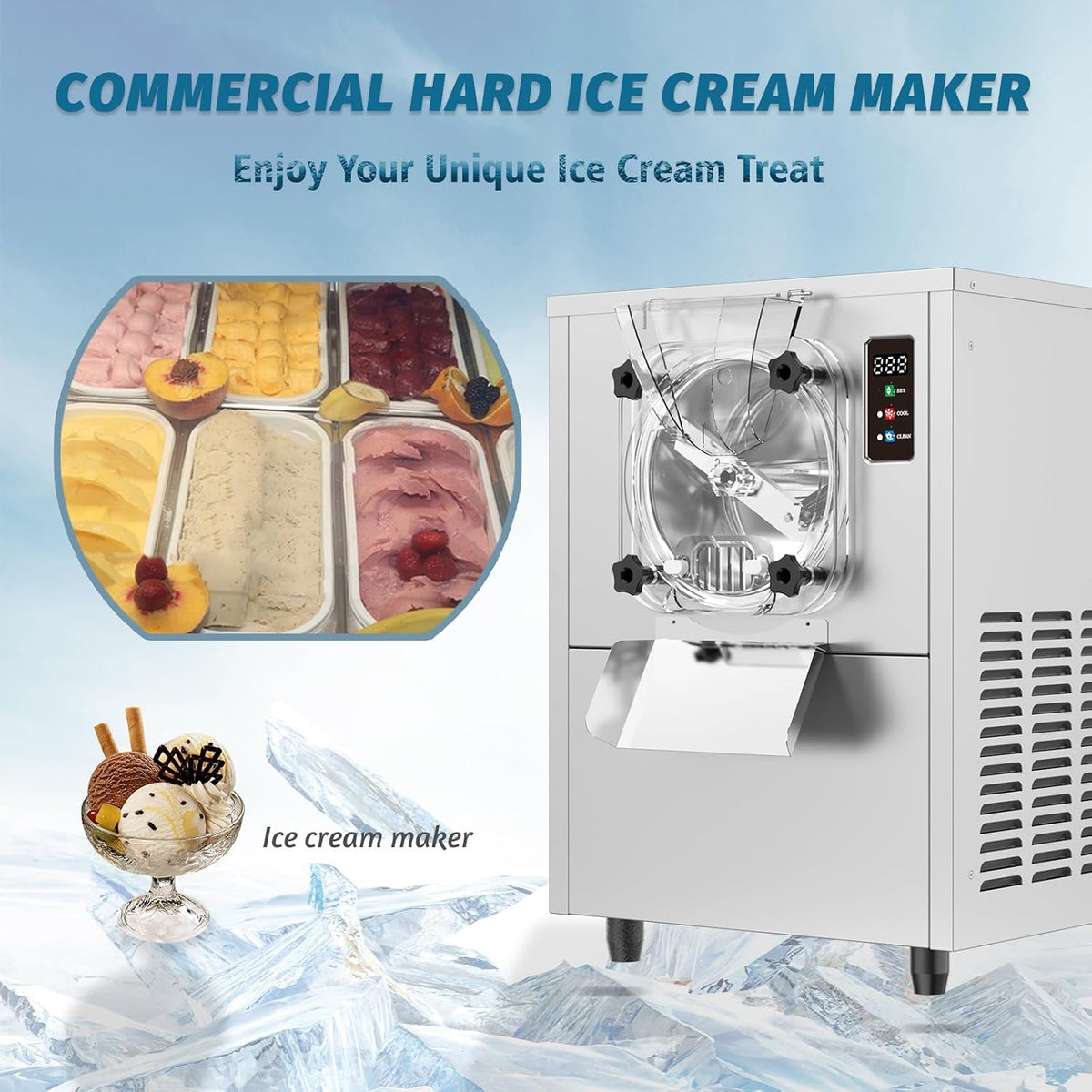 Commercial Hard Ice Cream Maker Machine 1400W 110V 3 to 4 Gallons Per Hour Gelato Ice Cream Machine with Auto Clean
