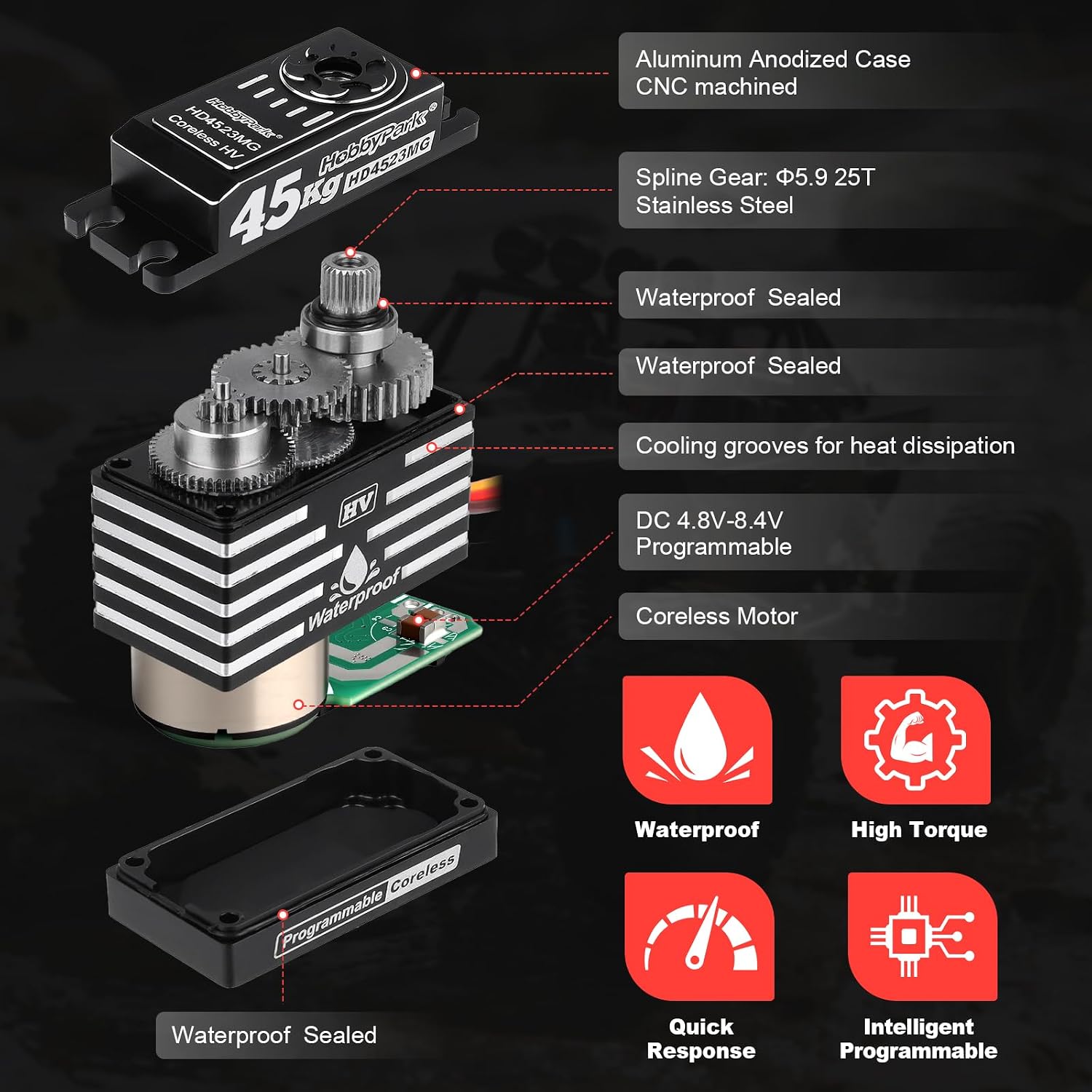 Waterproof 45KG Servo Coreless Motor 8.4V HV Servo High Torque Servo Full Metal Gear RC Servo Programmable for 1/8