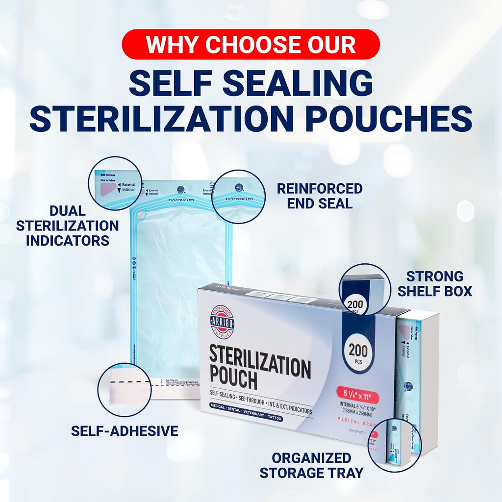 Arrigo Self-Sealing Sterilization Pouches 5.25" x 11" – 200 Count – Autoclave Bags with Internal & Dual (Int/Ext)