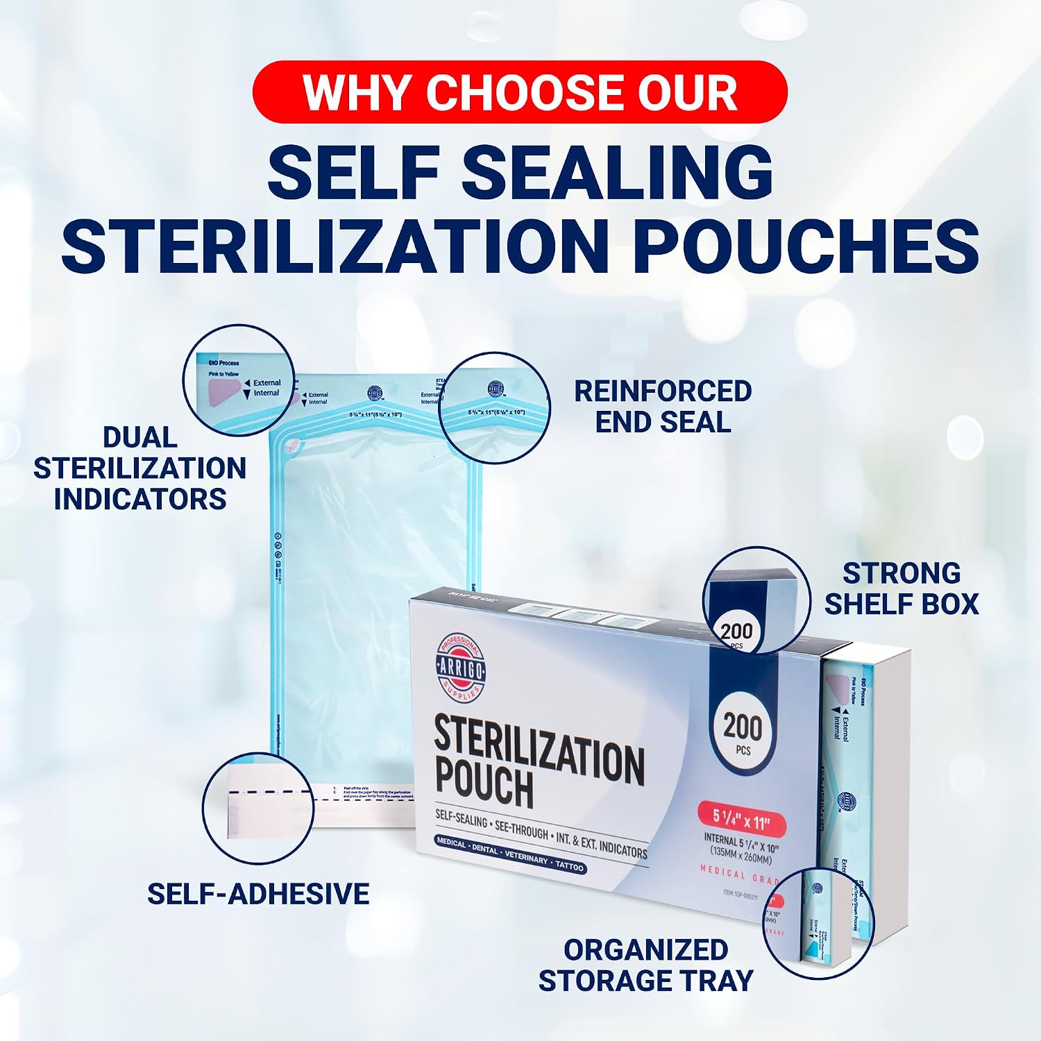 Arrigo Self-Sealing Sterilization Pouches 5.25" x 11" – 200 Count – Autoclave Bags with Internal & Dual (Int/Ext)