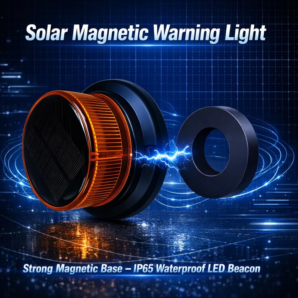 Amber Solar LED Strobe Warning Beacon Light, USB Rechargeable, | Magnetic & Suction Cup Mount, Flashing and Rotating