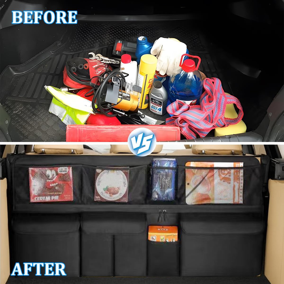 Car Trunk Organizer, Collapsible Large Capacity Vehicle Backseat Hanging Storage Bag with 9 Pockets, Automotive