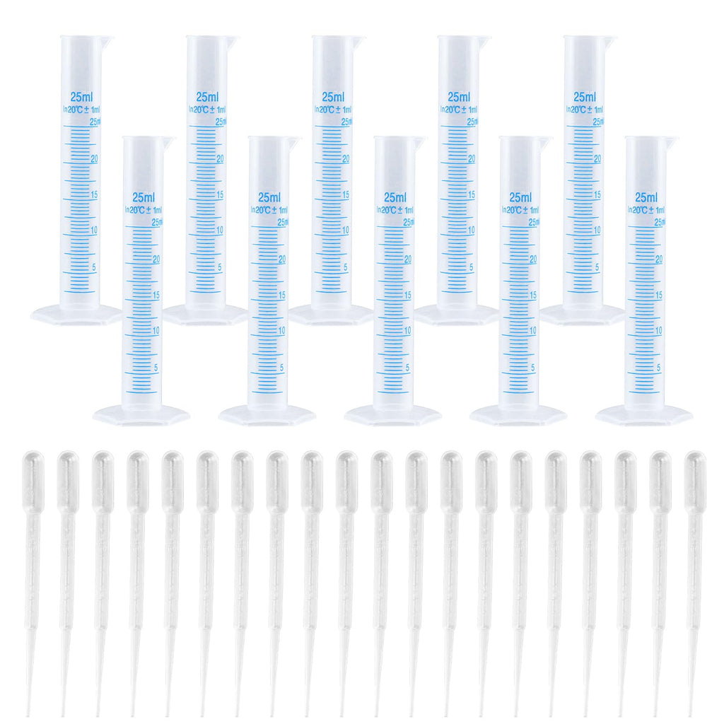 Geesatis 25ML Plastic Graduated Cylinder(10) and 2 ML(20) Plastic Droppers