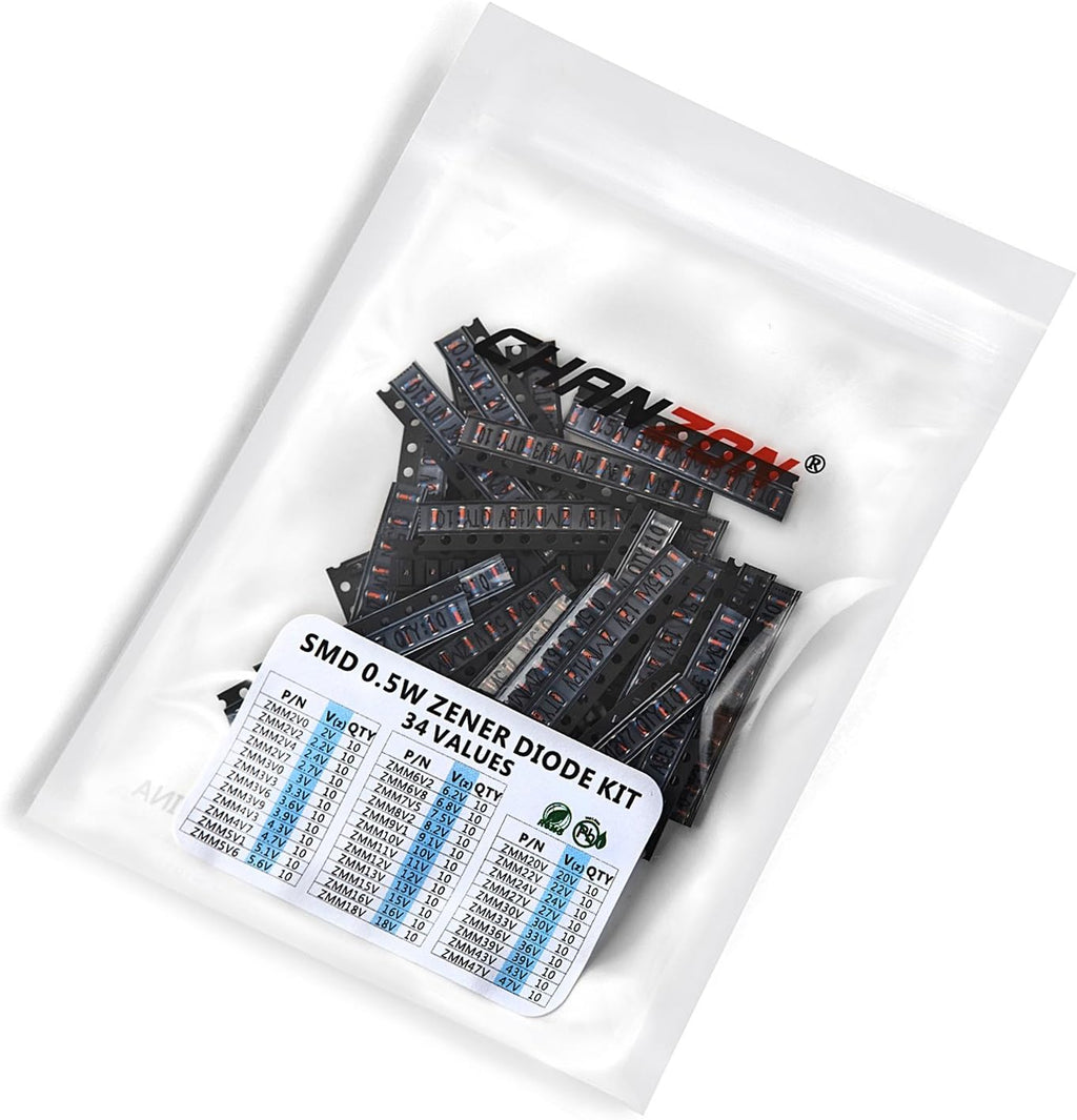 Chanzon 34 Values 340pcs 0.5W SMD Zener Diode Assorted Kit (2V-47V)