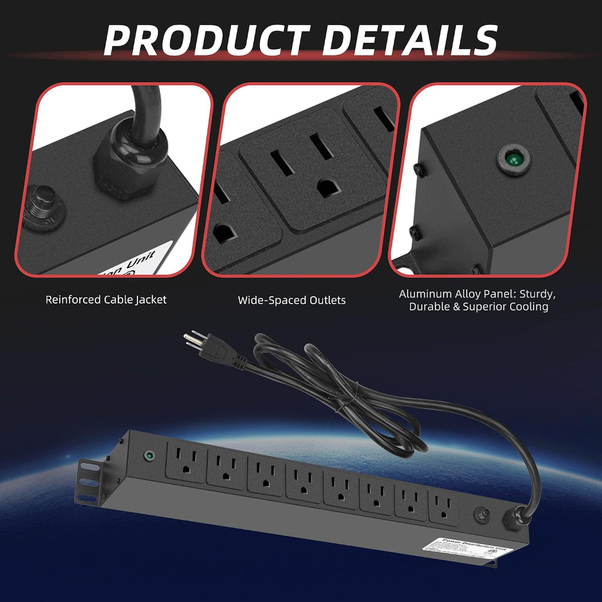 8 Outlet PDU Rack Mount Power Strip with Surge Protector, 1U Rackmount,Wide-Spaced Sockets, for Network Server Racks