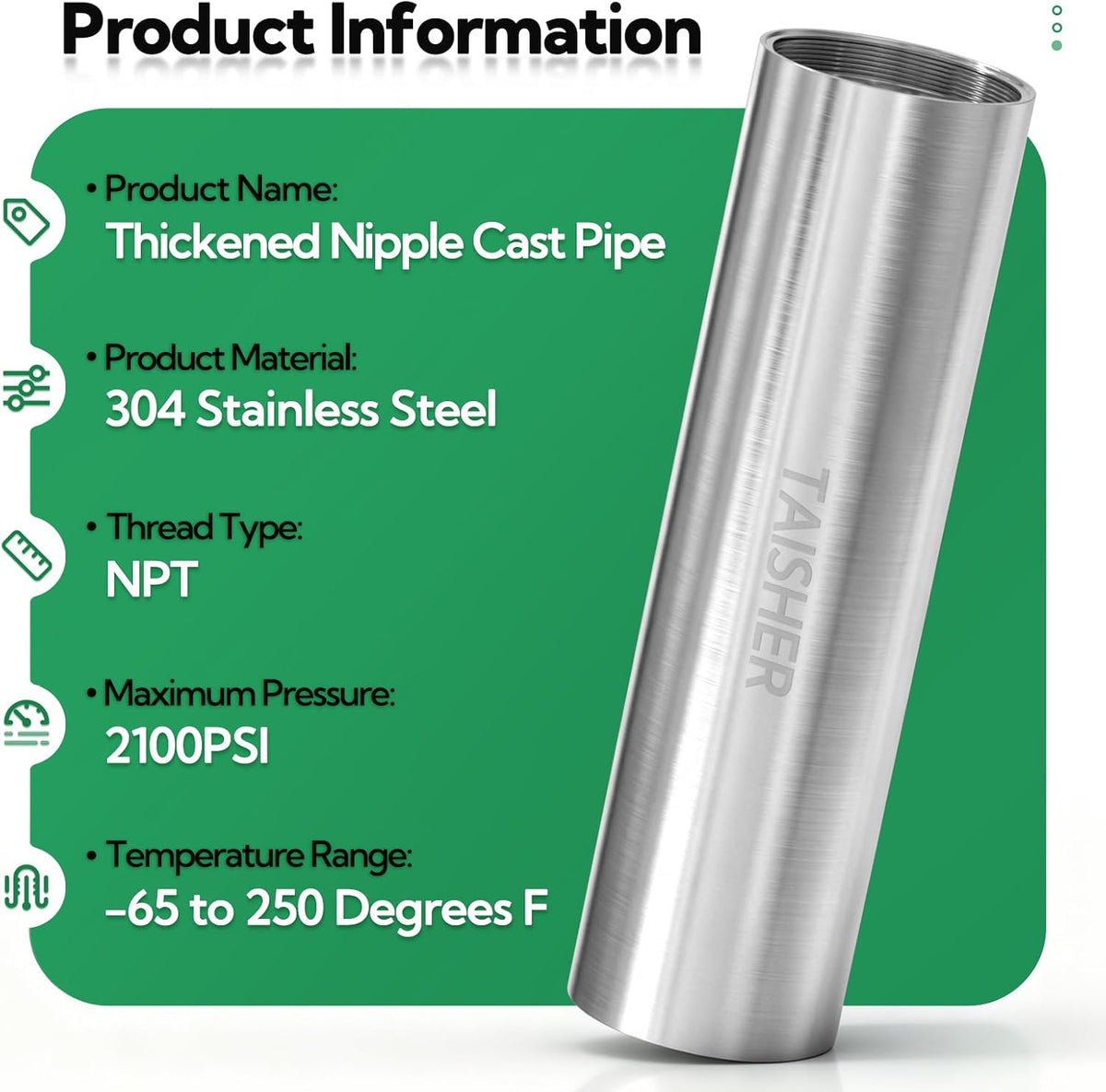 TAISHER 1Pcs Thickened Nipple Cast Pipe 2" NPT Female, 10" Length
