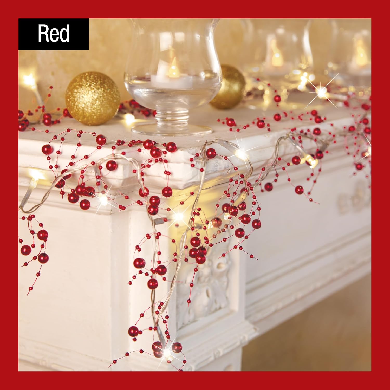 Indoor Christmas Decorations, Festive Lighted Berry Beaded Garland Red- 120" L
