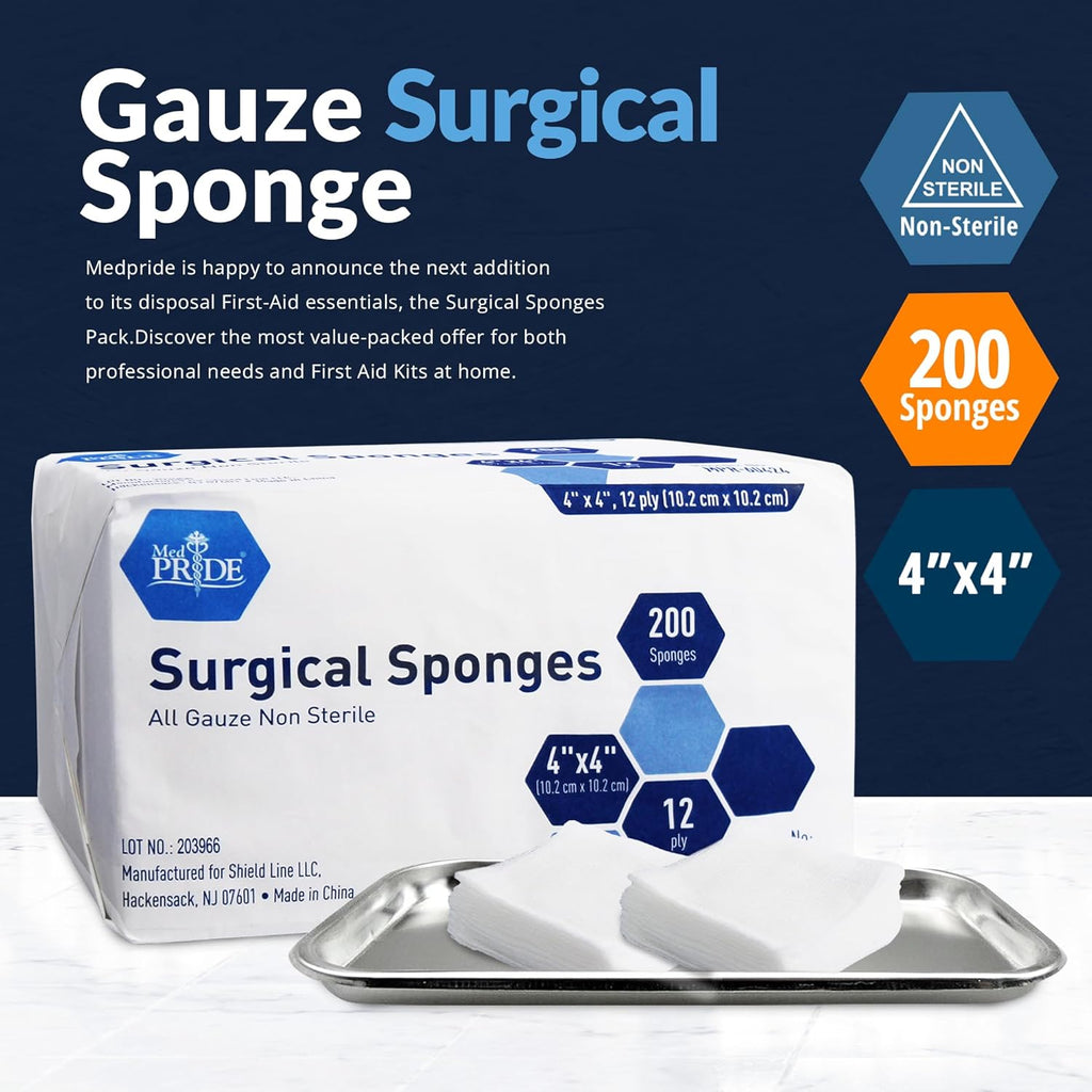 4”x 4” Gauze, 200 Surgical Sponges 12-ply Extra Absorbent | All-Gauze, Non-Sterile| Great for Wound Dressing