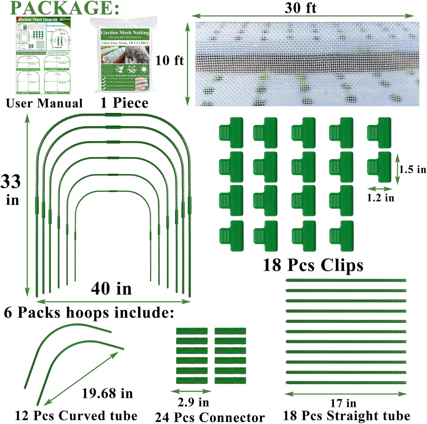Garden Mesh Netting Kit, 10 * 30FT Ultra Fine Netting Plant Covers with 6 Pcs Wide Garden Hoops & 18 Clip, Garden