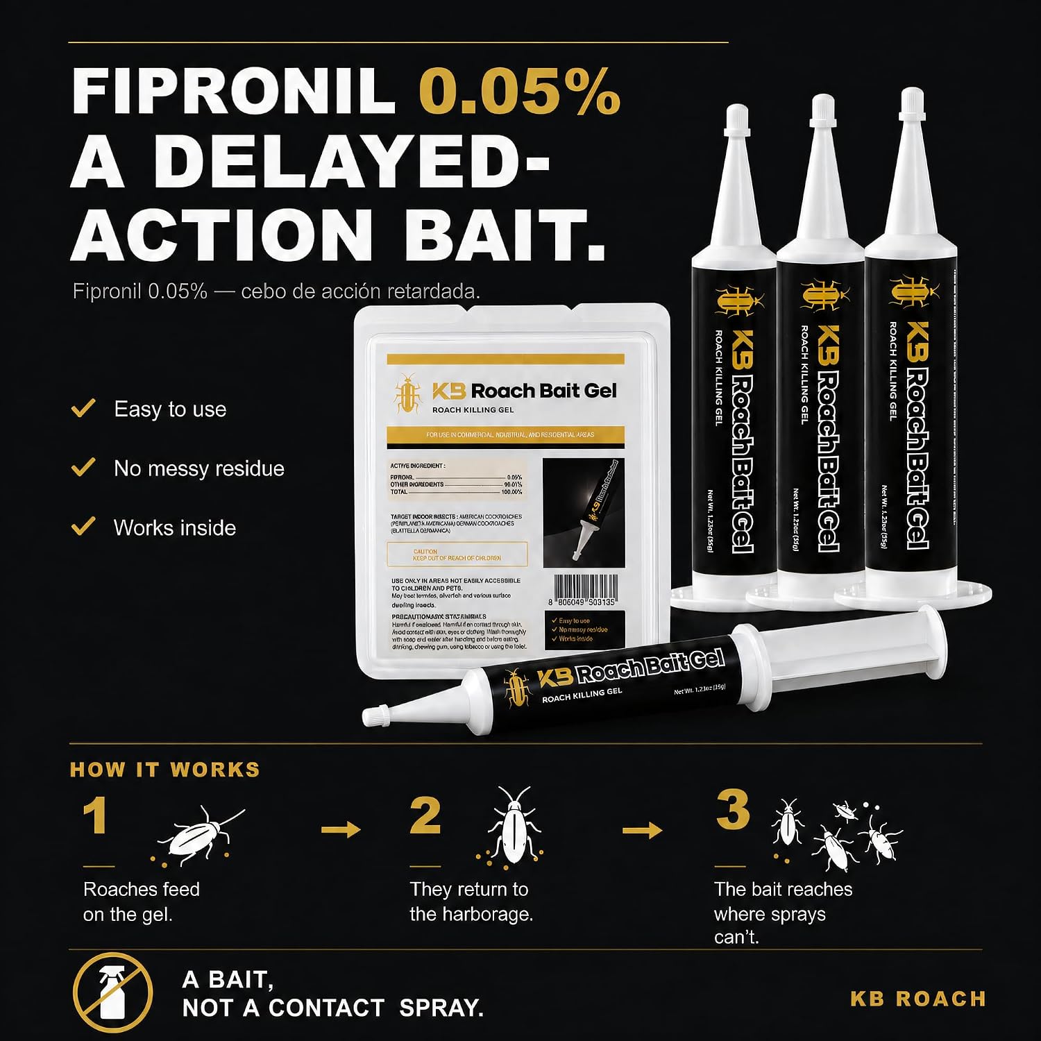 German Roach Killer Indoor Infestation for Home | 97~99% Lab-Tested Mortality in 14 Days - 0.05% Fipronil | 90-Day