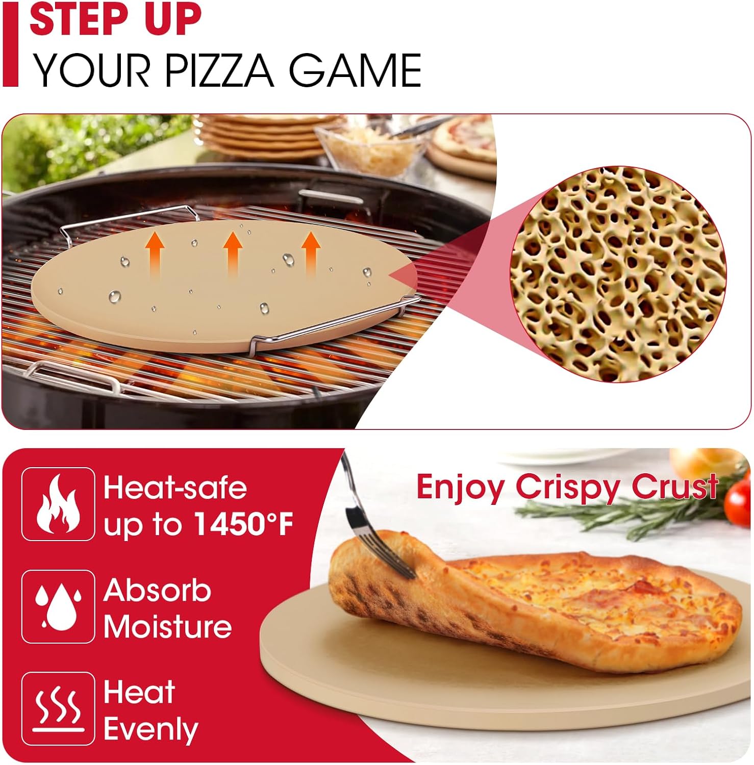 16 Inch Round Pizza Stone for Oven and Grill, Comes with Carry Rack