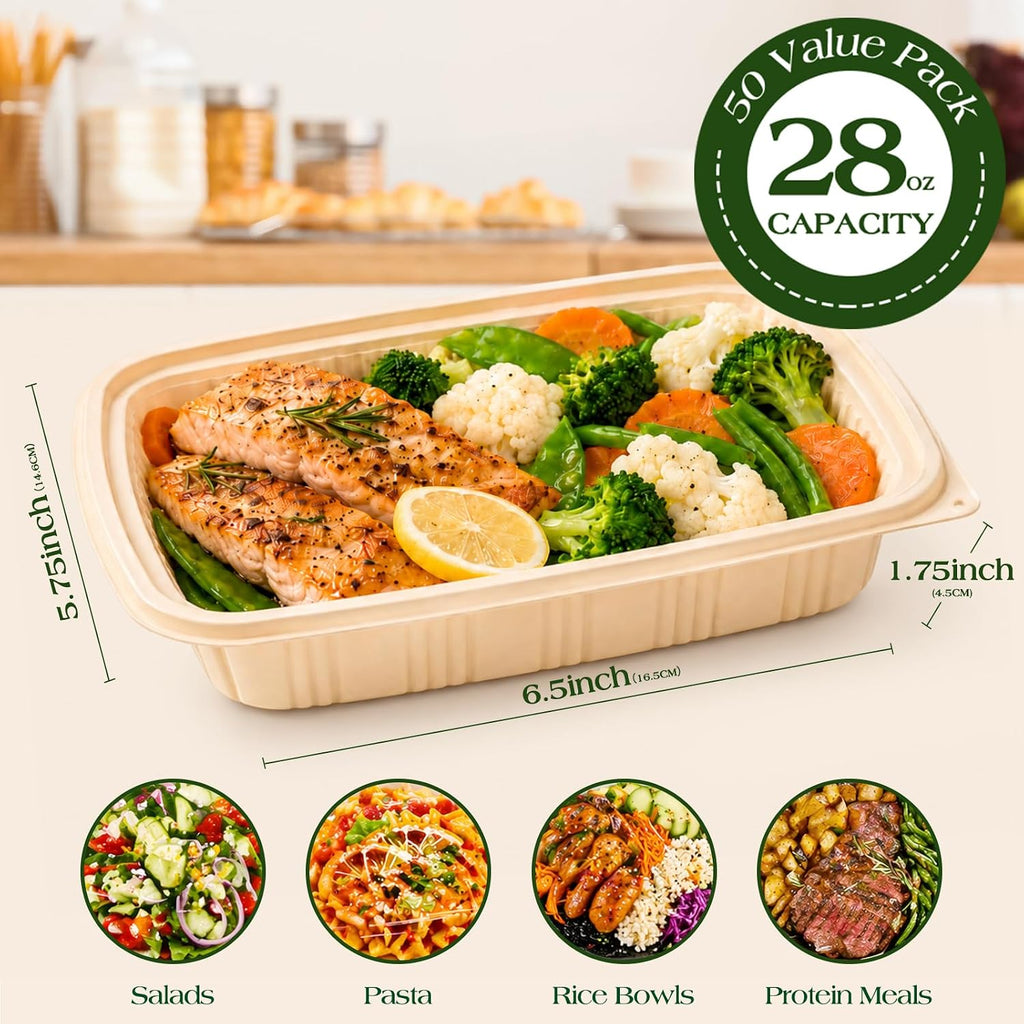 100 Piece (50 Pack) Meal Prep Containers with Lids, 28 oz Cornstarch Food Storage Containers Plant-based Lunch Box