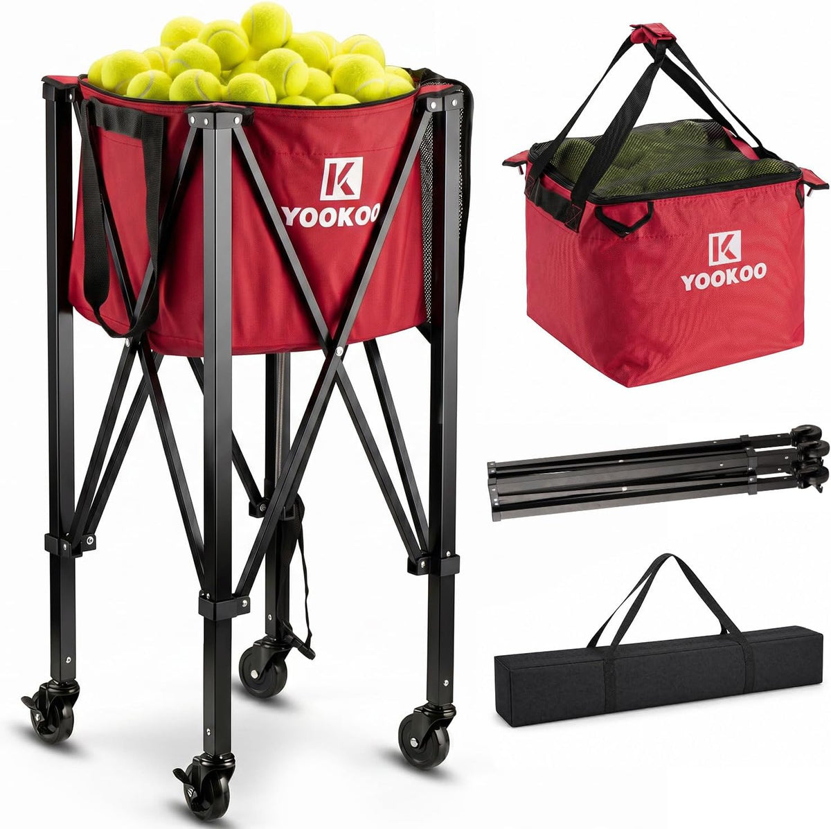 Tennis Ball Hopper Holds 150 Balls, Tennis Cart with Black/Red Bag