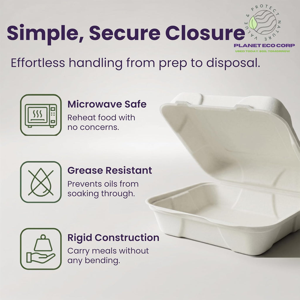 9x6 Compostable Take Out Containers with Lids, 25 Pack - Hinged Clamshell to Go Boxes, Heavy Duty Sugarcane Bagasse