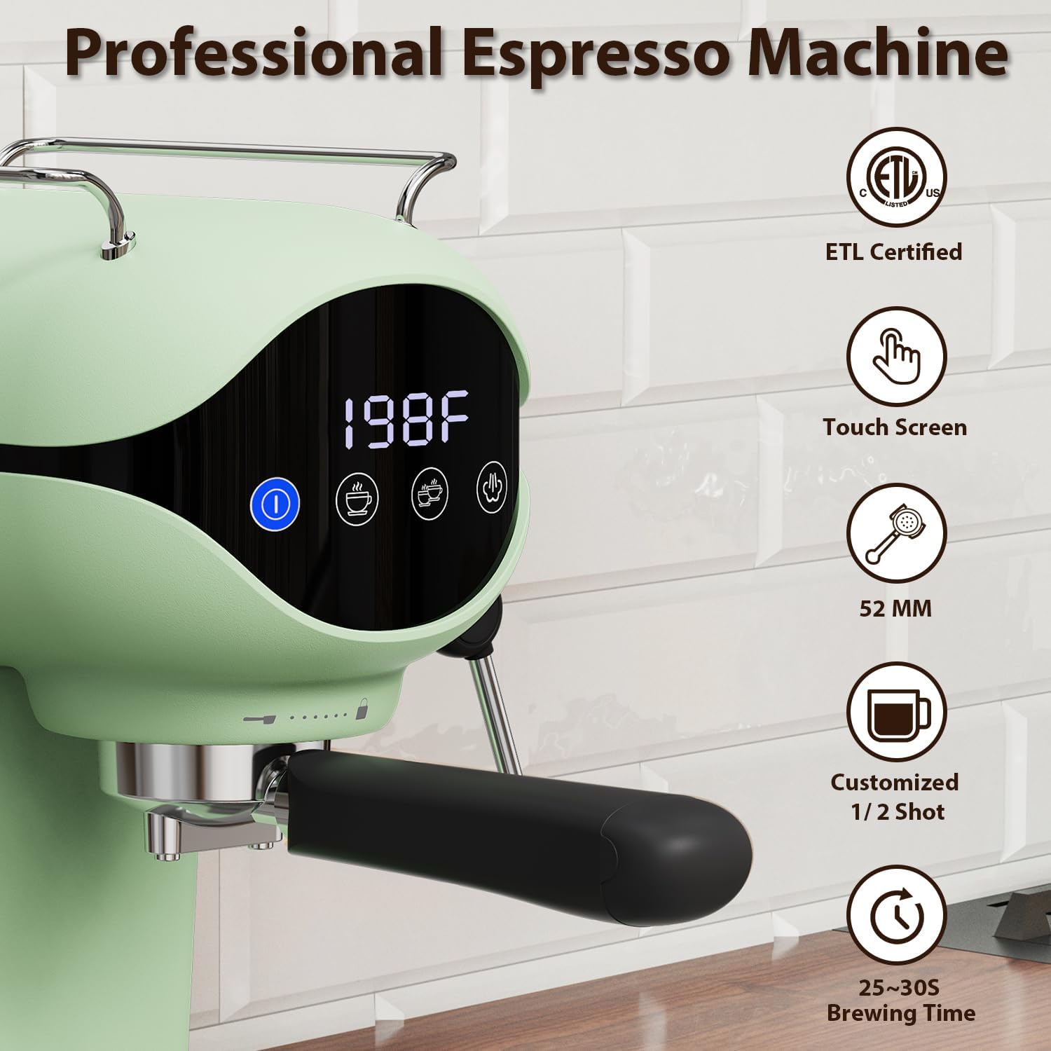 Espresso Machine with Steam Milk Frother Semi Automatic 20 Bar Compact Green with Touch Screen for home Cafetera